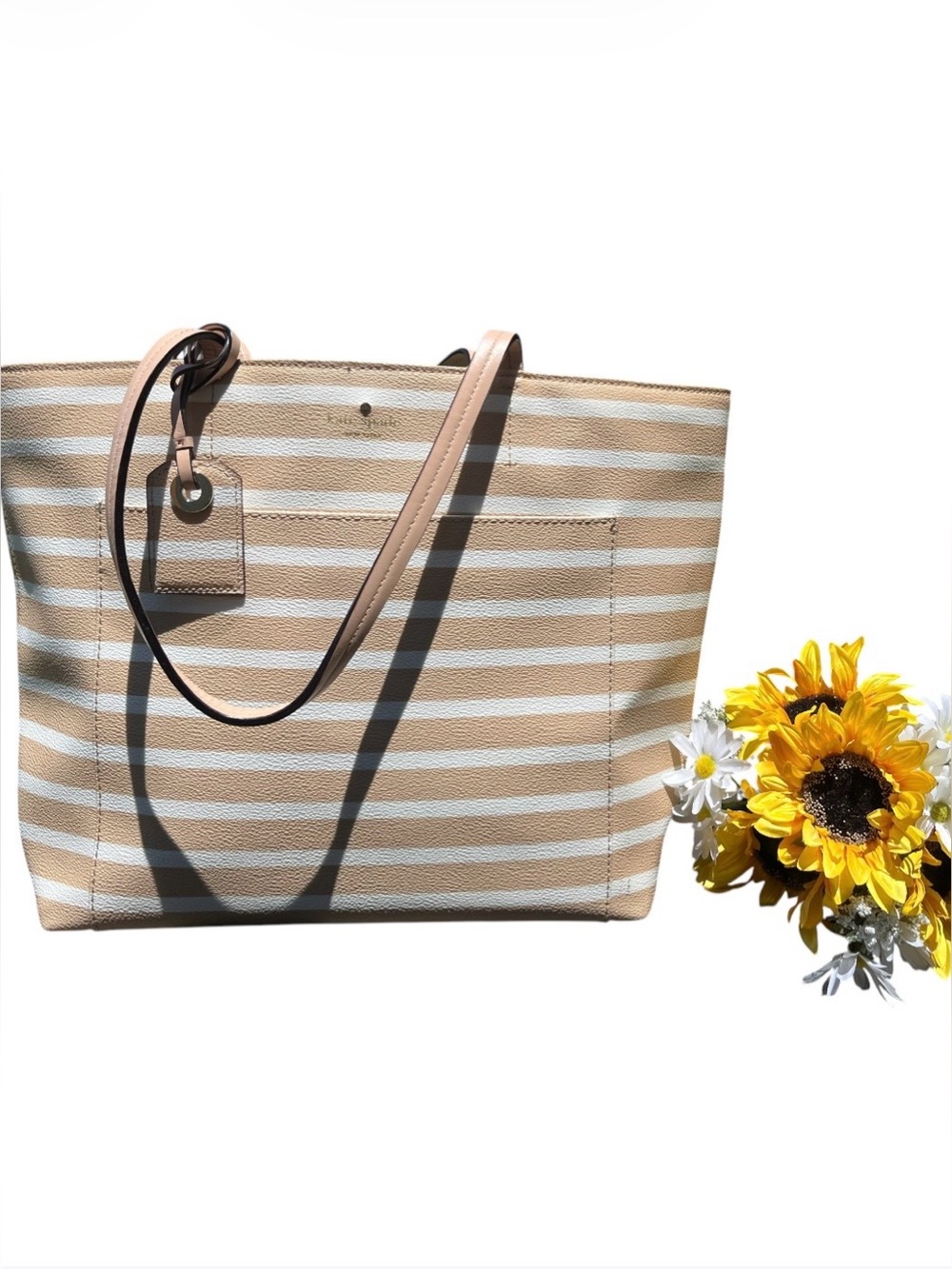 Kate Spade New York Striped Tote Bag Beige White Large Shopper Shoulder Bag